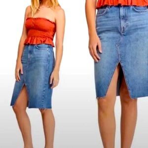 NWT FREE PEOPLE Split Front Raw Hem Denim Pencil Skirt 24